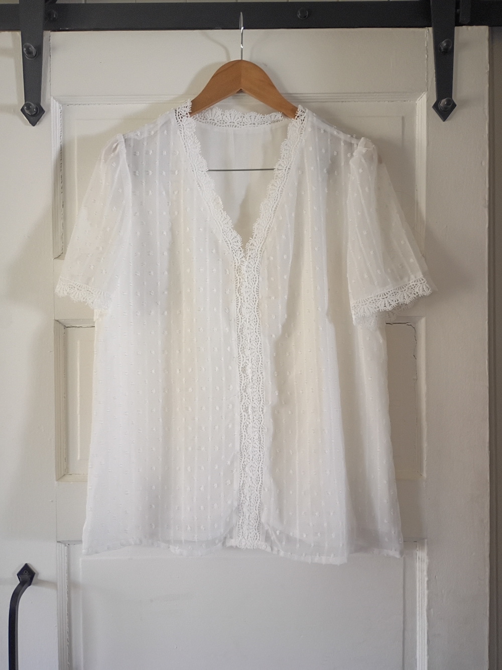 White Lace-Trim Swiss Dot Blouse by